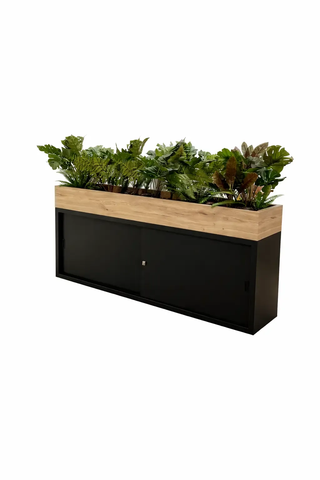 Zwarte maatwerk kast met houten bloembak